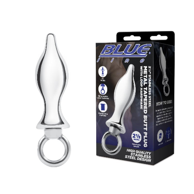 Blue Line 2.5" Stainless Steel Metal Tapered Butt Plug With Loop Hardware