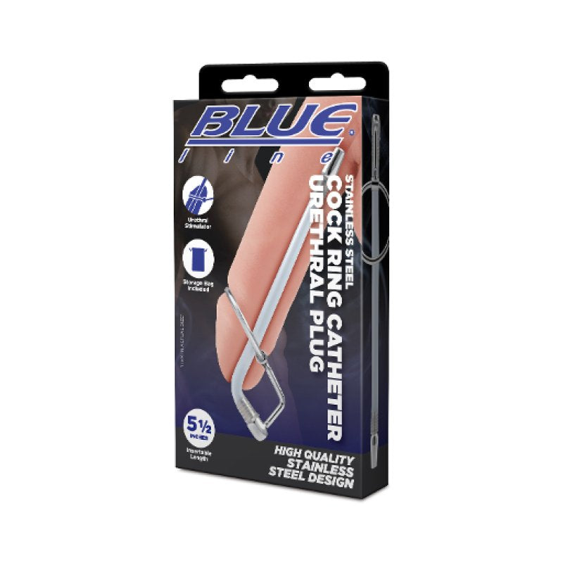 Blue Line 5.5" Stainless Steel Cock Ring Catheter Urethral Plug Bondage Gear