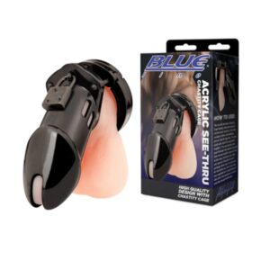 Blue Line Acrylic See-thru Chastity Cock Cage Black Cock Ring Blue Line Acrylic See-thru Chastity Cock Cage Black Cock Ring