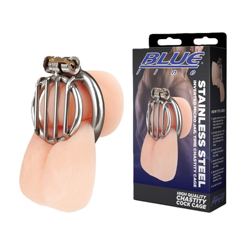 Blue Line Stainless Steel Inverted Micro Jail Time Chastity Cage Cock Ring