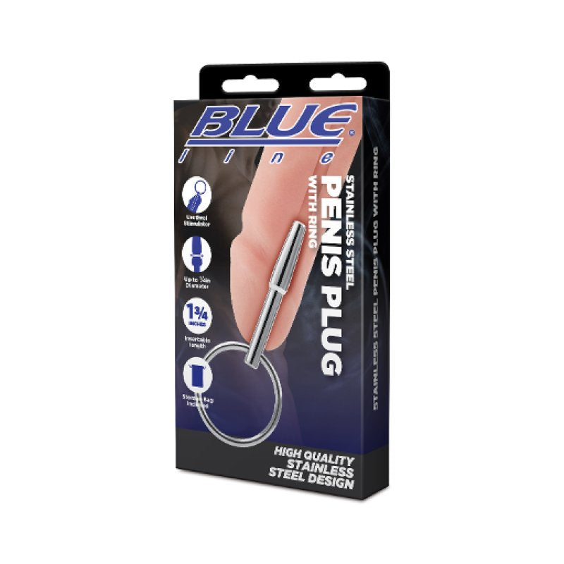 Blue Line Stainless Steel Penis Plug With Ring