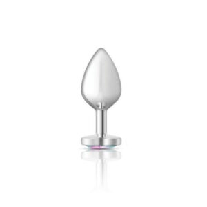 Cheeky Charms Silver Metal Butt Plug w Heart Clear Jewel Medium