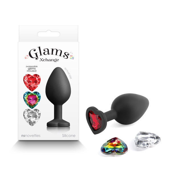 Glams Xchange Heart Medium Black Butt Plug with Interchangeable Heart Gems