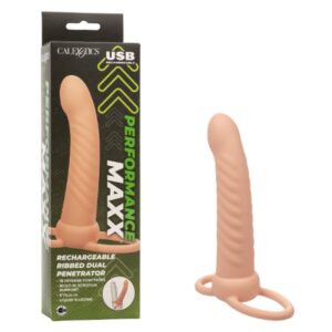 Performance Maxx Rechargeable Ribbed Dual Penetrator - Ivory Cock Ring