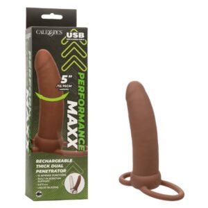 Performance Maxx Rechargeable Thick Dual Penetrator 5" - Brown Cock Ring
