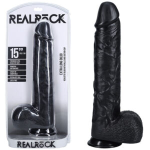 REALROCK 38cm Extra Long Dildo with Balls - Black - Black 38 cm (15'') Extra Long Dong