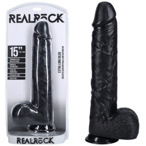 REALROCK 38cm Extra Long Dildo with Balls - Black - Black 38 cm (15'') Extra Long Dong