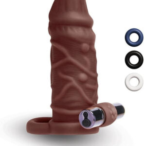 Size Up 1 in. Silicone Vibrating Realistic Penis Extender With Ball Loop - Dark Tan